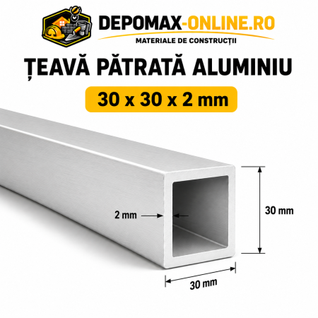 Teava patrata aluminiu 30 x 30 x 2 mm, 6 metri (EN AW-6060)